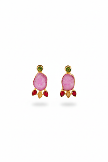 Natural Druzy Slice Earrings – Pink with Green Stud | Gold‑Plated Brass, Anti‑Tarnish