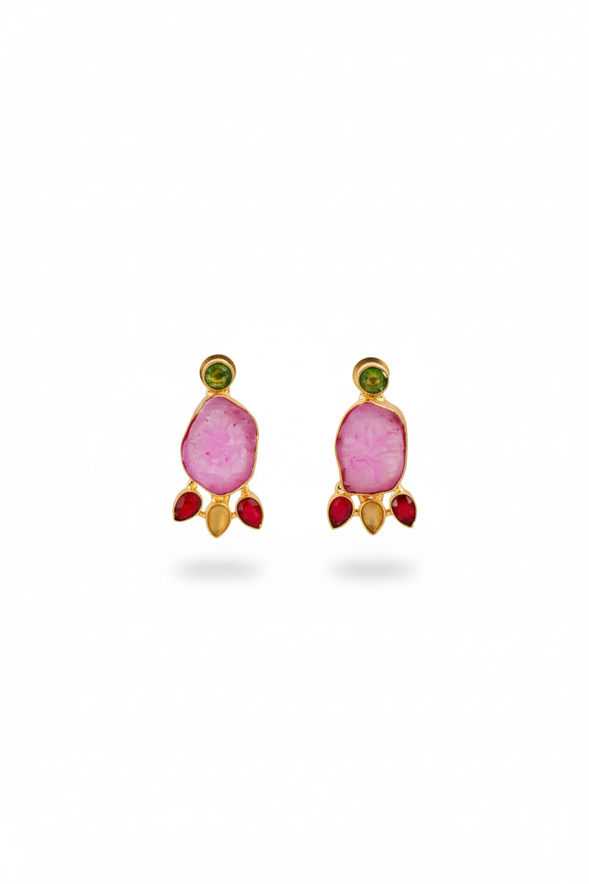 Natural Druzy Slice Earrings – Pink with Green Stud | Gold‑Plated Brass, Anti‑Tarnish