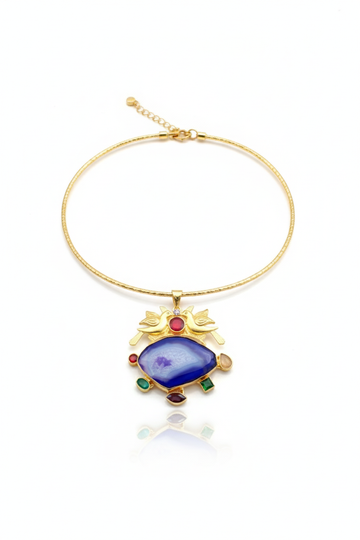 Hansuli Necklace with Bird Motif & Blue Geode Pendant | Brass Anti Tarnish | Lightweight