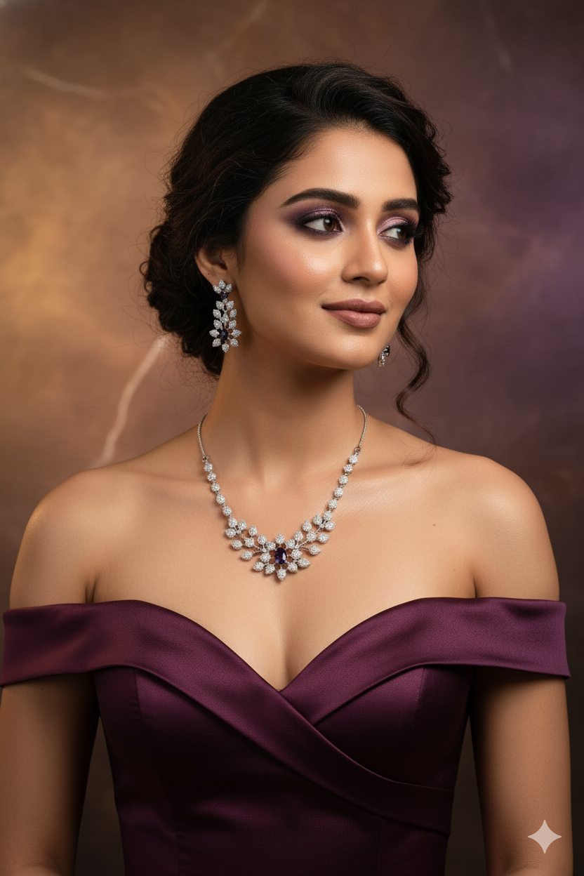 Midnight Floral Silver Bridal Necklace Set