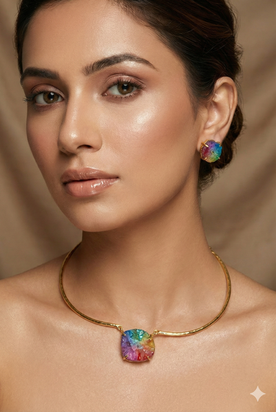 Iridescent Stone Centerpiece Necklace Set – Brass Gold Plated | Anti-Tarnish Finish
