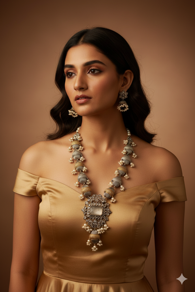 Elegant Dual-Tone Beaded Replica Necklace Set with Earrings for Women