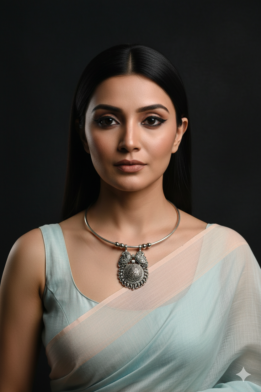 Oxidised German Silver Hansli Necklace with Antique Floral Medallion Pendant