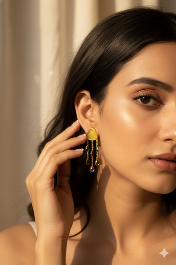 Natural Stone Multicolor Chandelier Earrings in Gold‑Plated Brass | Anti‑Tarnish, Lightweight