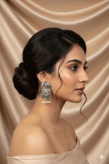 Oxidised German Silver Elephant Design Earrings with Pearls