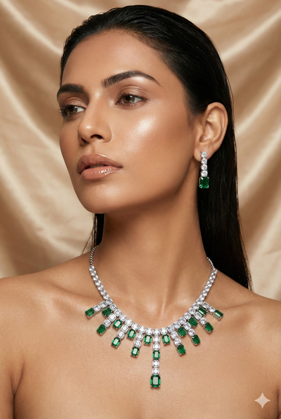 Emerald Green Crystal Drop Korean Glass Stone Necklace Set | Premium Jewellery