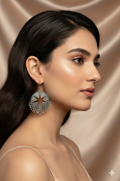 Oxidised German Silver Star Cutwork Round Hook Earrings with Bead Fringe