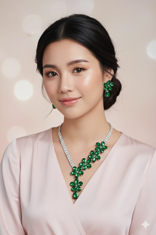 Korean Green Glass Stone Jewelry Floral Necklace Set | Rhodium Plated Party Wear Jewelry with Earrings