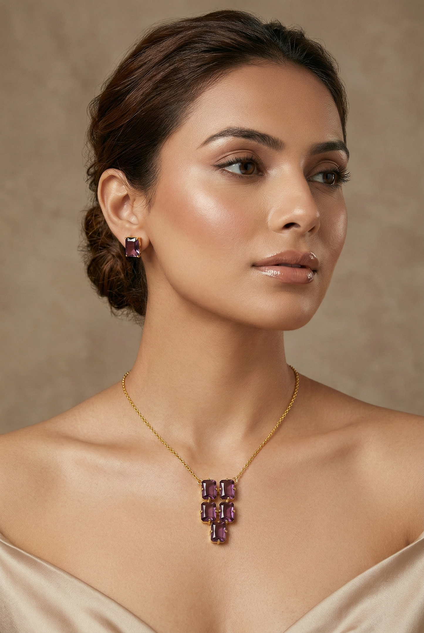 Amethyst Purple Natural Stone Cluster Statement Necklace Set – Gold Plated Brass Party Jewelry