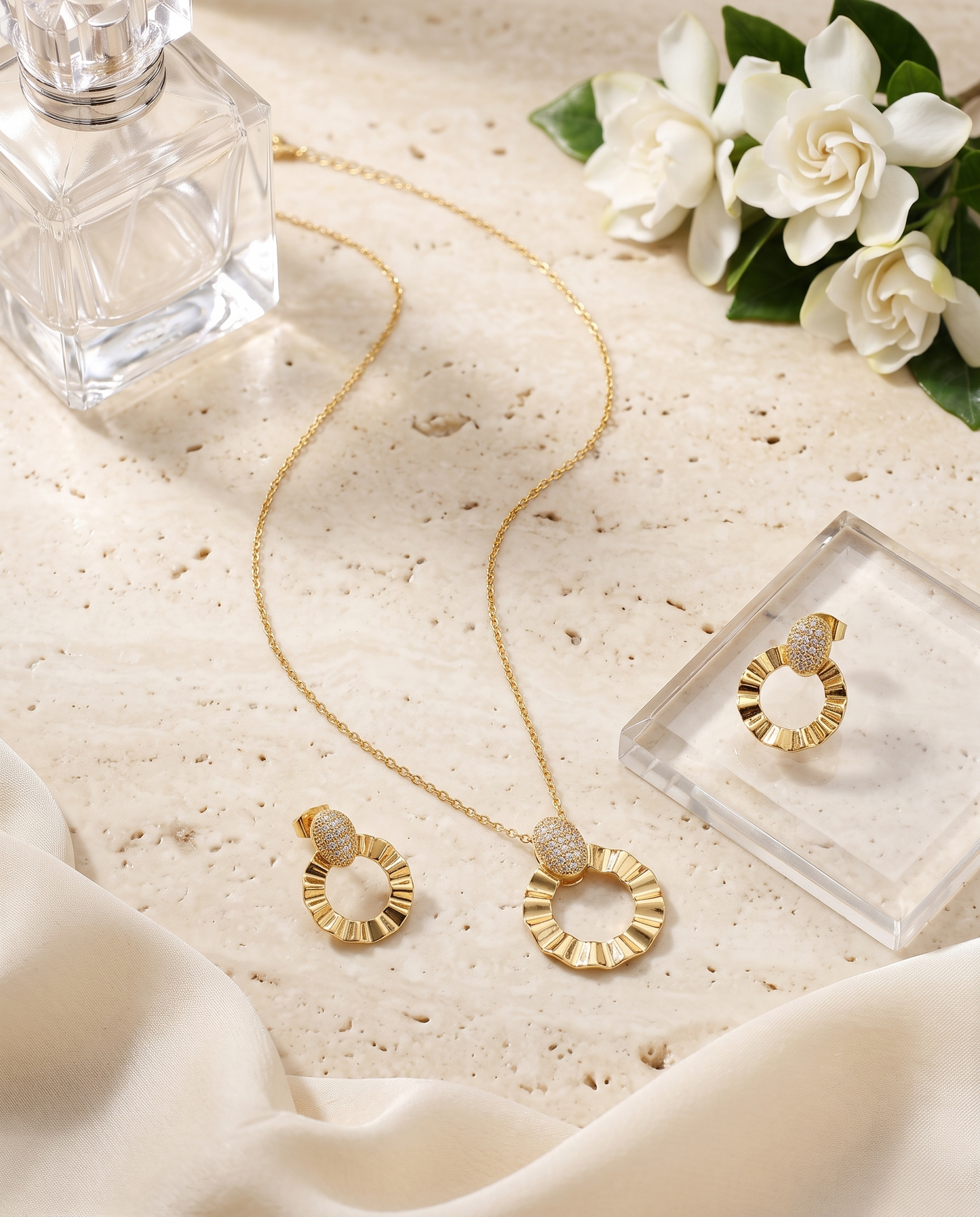 Geometric circle pendant necklace and matching stud earrings set, 18K gold plated – worn styled shot