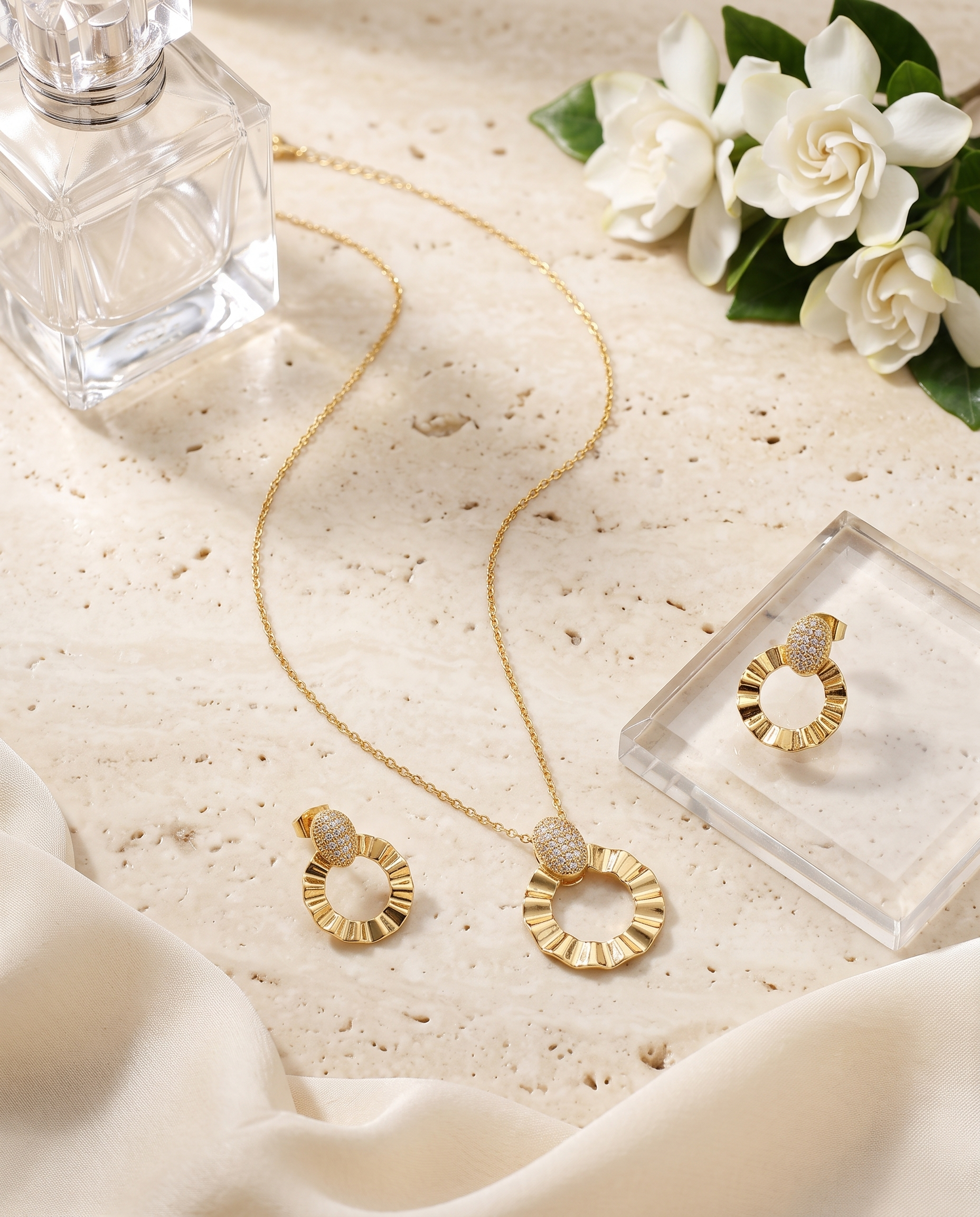 Geometric circle pendant necklace and matching stud earrings set, 18K gold plated – worn styled shot