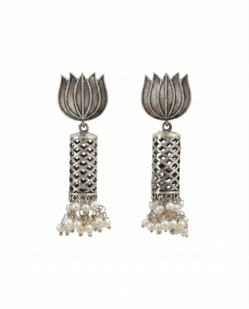 Lotus Oxidised German Silver Jhumka Earrings with Pearl Cluster Drops | Antique Finish Earrings