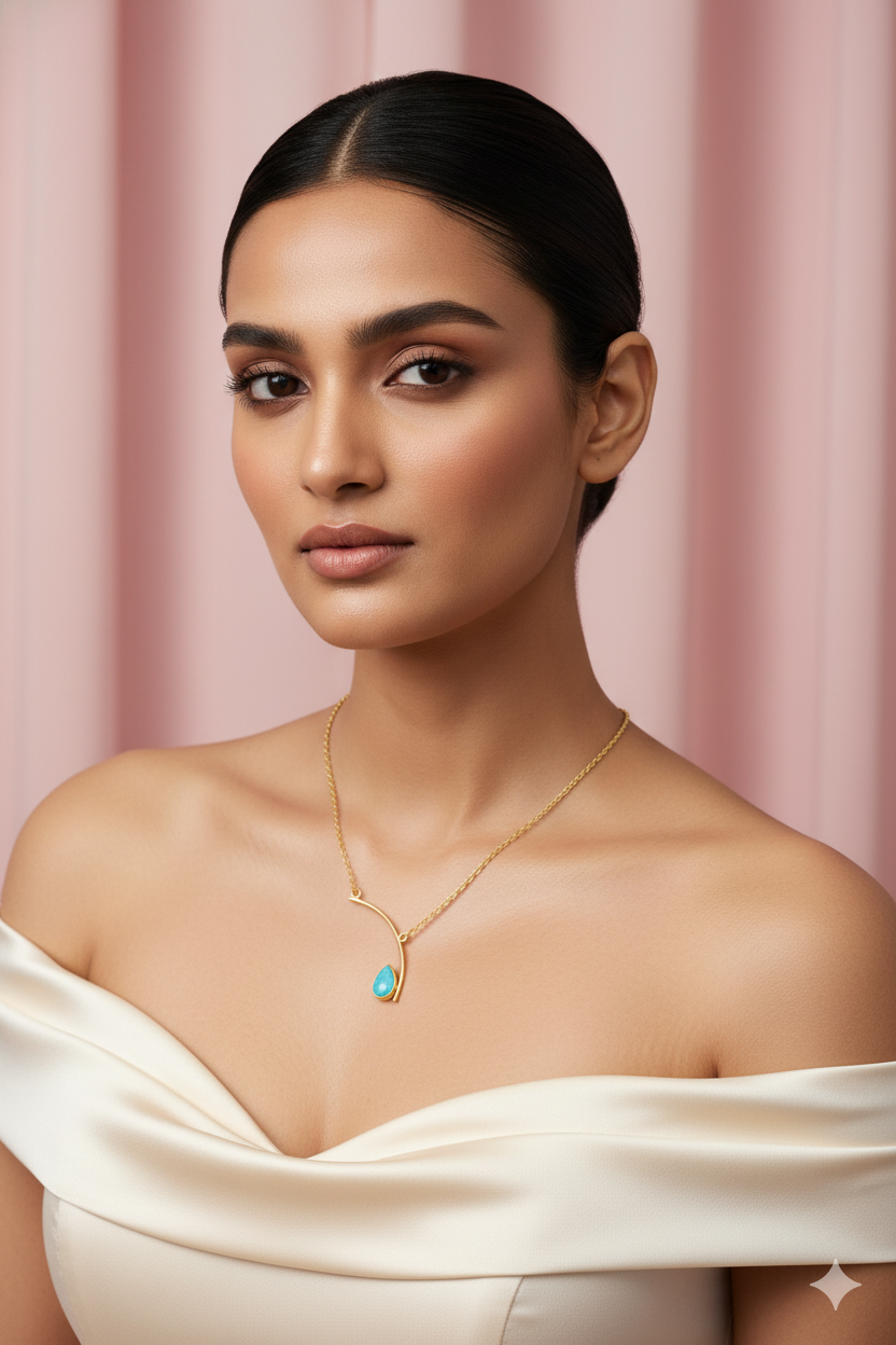 Curved Bar Chain Necklace with Aqua Teardrop Natural Stone | Brass Anti Tarnish | Lightweight