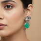 Peacock Top Earrings with Green Monalisa Round | Oxidised German Silver