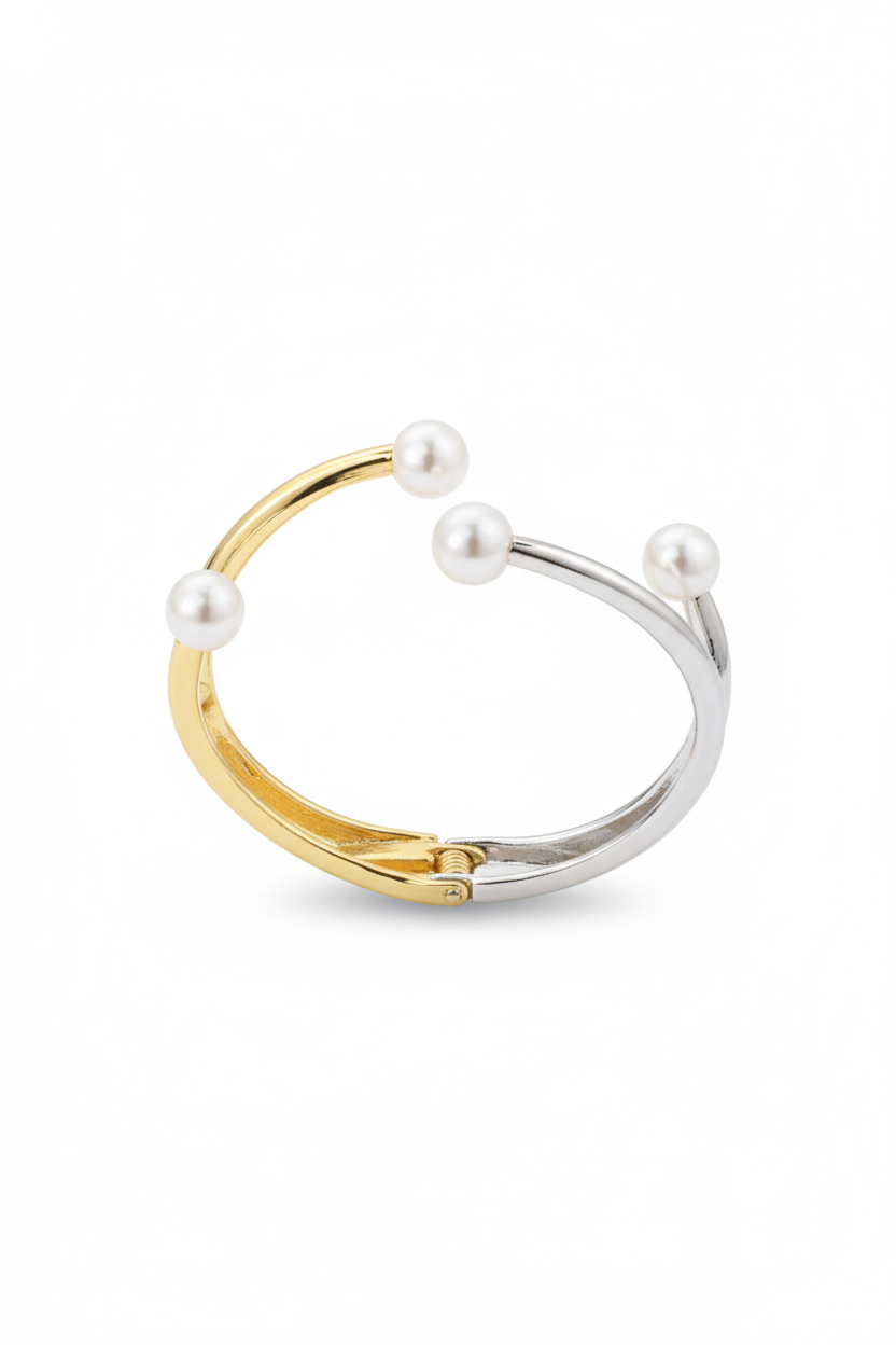 Anti-Tarnish Two-Tone Pearl Accent Cuff Bracelet – Stainless Steel Modern Design