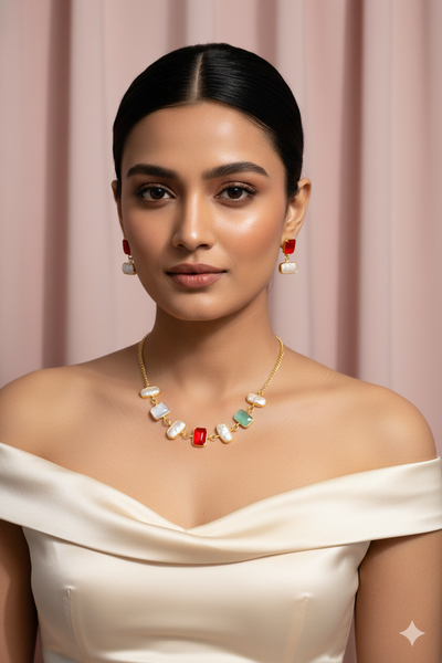 Pearl, Green & Red Stone Necklace Set | Natural Stones, Gold-Plated Brass