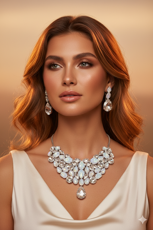 Korean White Glass Stone Jewelry Necklace Set | Rhodium Plated Crystal Bridal Jewelry with Earrings