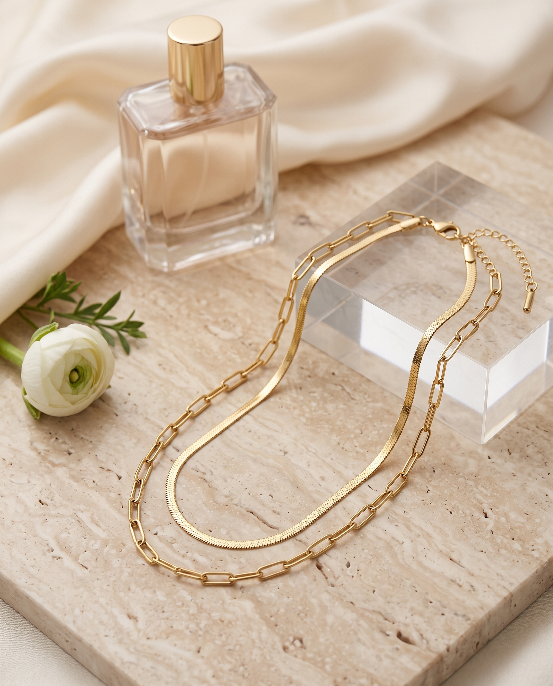 Double layer paperclip and snake chain necklace, 18K gold plated – styled on jewelry stand