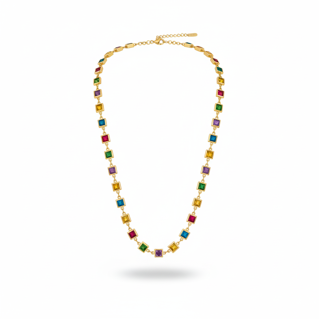 Multi-Color Square Stone Necklace – Gold Plated Statement Jewelry