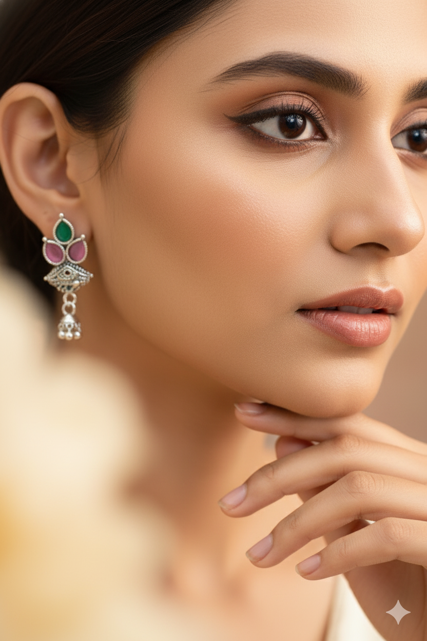 Mini Ghungroo Cone Drops with Pink & Mint Monalisa | Oxidised Stud Earrings