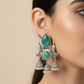 Green Monalisa Stone Fish Motif Oxidised German Silver Earrings with Jhumka Drops