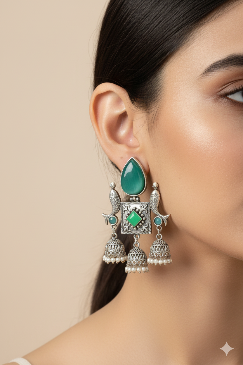 Green Monalisa Stone Fish Motif Oxidised German Silver Earrings with Jhumka Drops