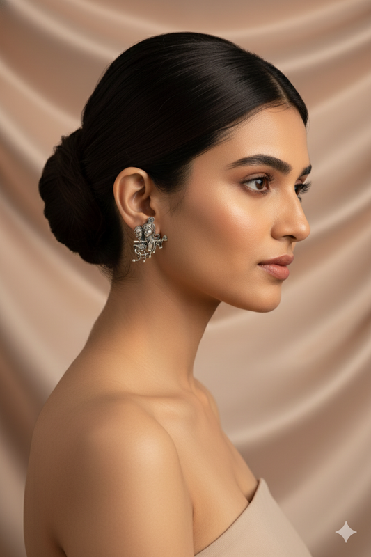 Oxidised German Silver Radha Krishna Stud Earrings