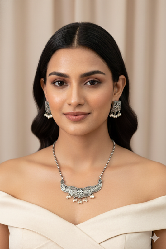 Floral Engraved Collar Pendant Set with Pearls | Oxidised German Silver