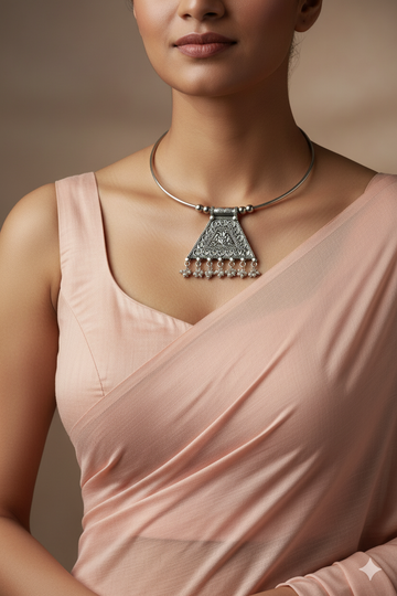 Oxidised German Silver Hansli Necklace with Filigree Triangle Pendant | Ethnic Statement Choker