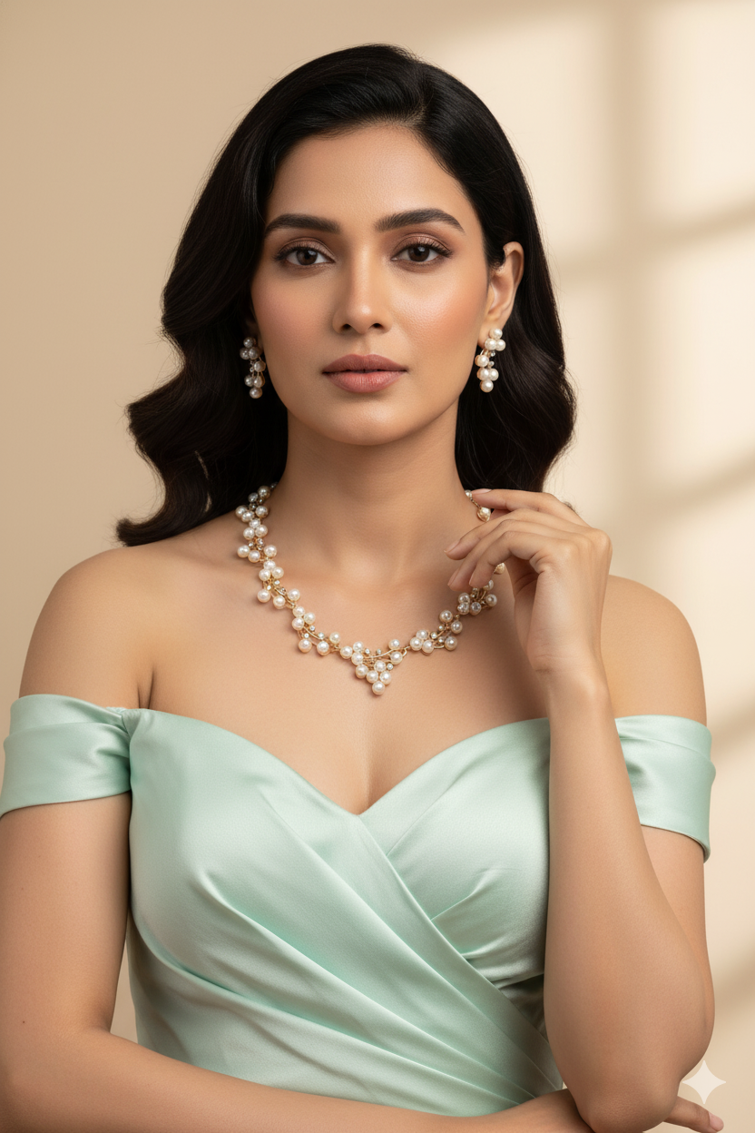 Gold Plated Pearl Cluster Necklace Set with Branch Motif & Matching Earrings | Anti‑Tarnish Artificial Jewellery