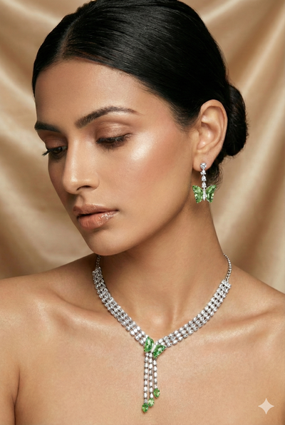 Green Butterfly Drop Korean Glass Stone Necklace Set | Statement Jewellery
