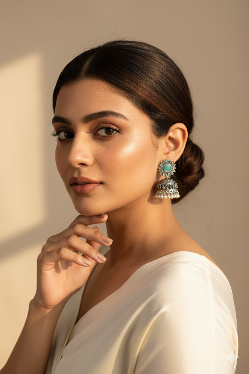 Green Monalisa Stone Oxidised German Silver Jhumka Earrings with Pearl Drops