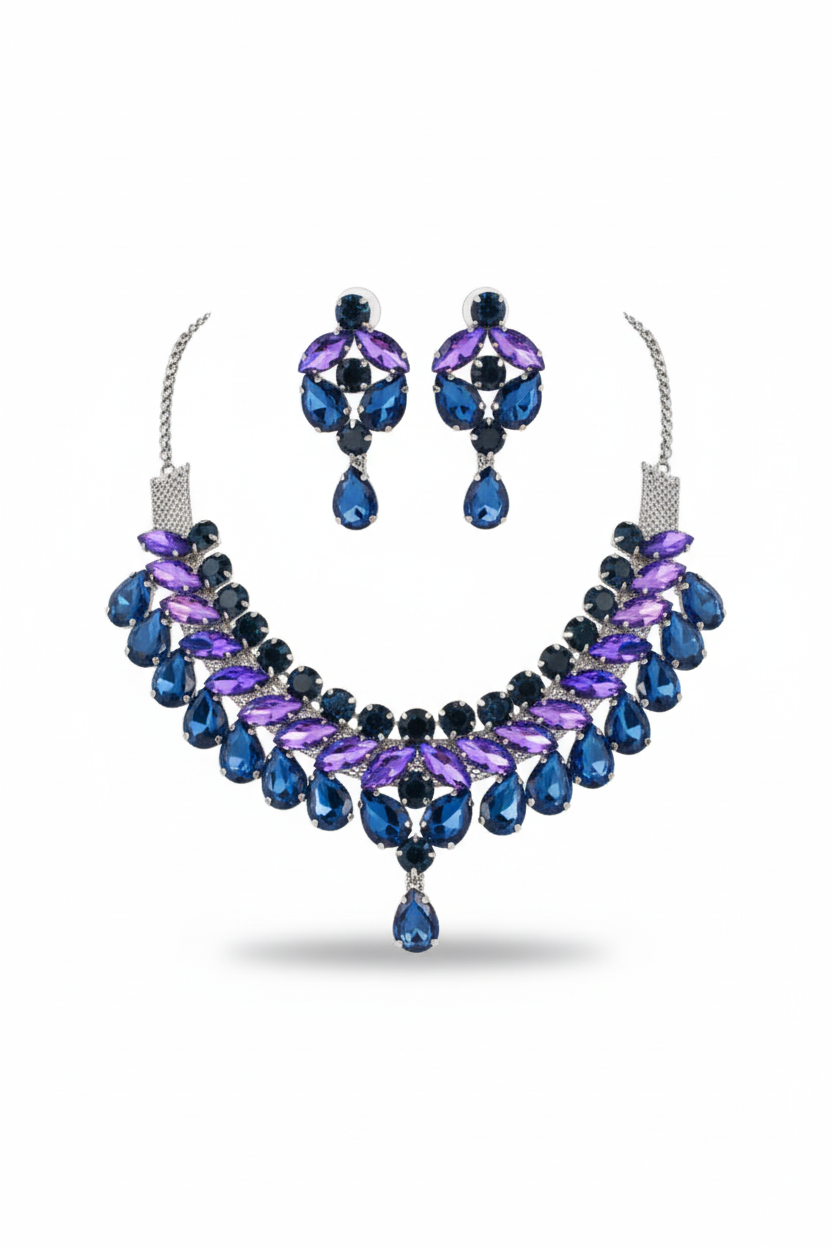 Korean Blue & Purple Glass Stone Jewelry Necklace Set | Rhodium Plated Bridal & Party Jewelry with Earrings