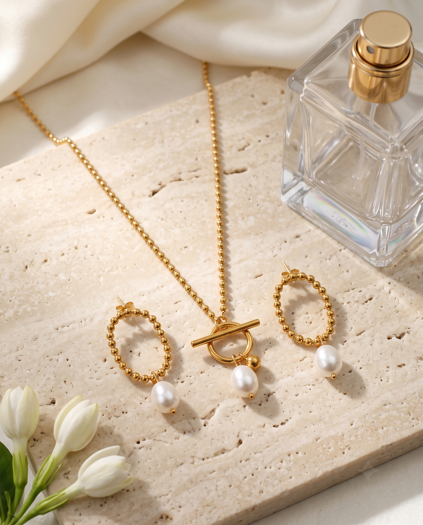 Asymmetrical pearl ball chain necklace and matching hoop earrings set, 18K gold plated – worn styled shot