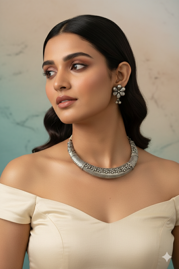 German Silver Floral Engraved Temple Necklace Set with Earrings