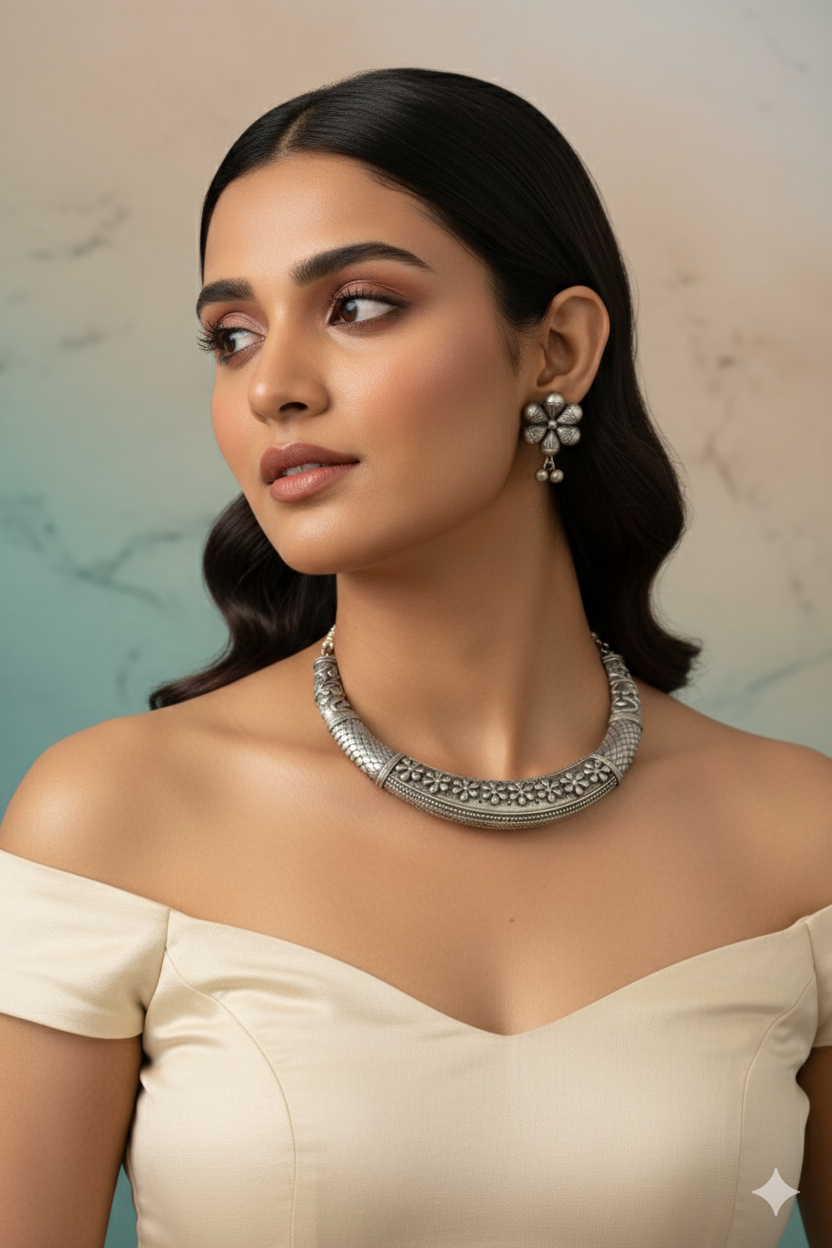 German Silver Floral Engraved Temple Necklace Set with Earrings