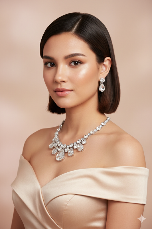 Crystal Clear & Blue Korean Glass Stone Jewelry Necklace Set | Rhodium Plated Elegant Bridal Jewelry with Earrings