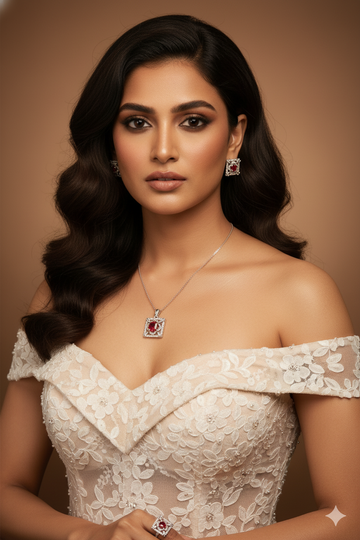 Square Ruby Classic Pendant Set