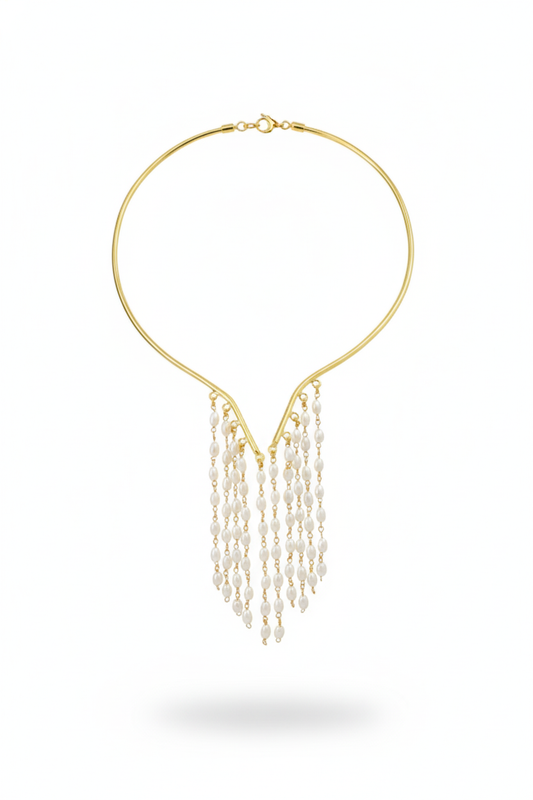 Pearl Tassel Hansuli Necklace | Brass Anti Tarnish | Lightweight