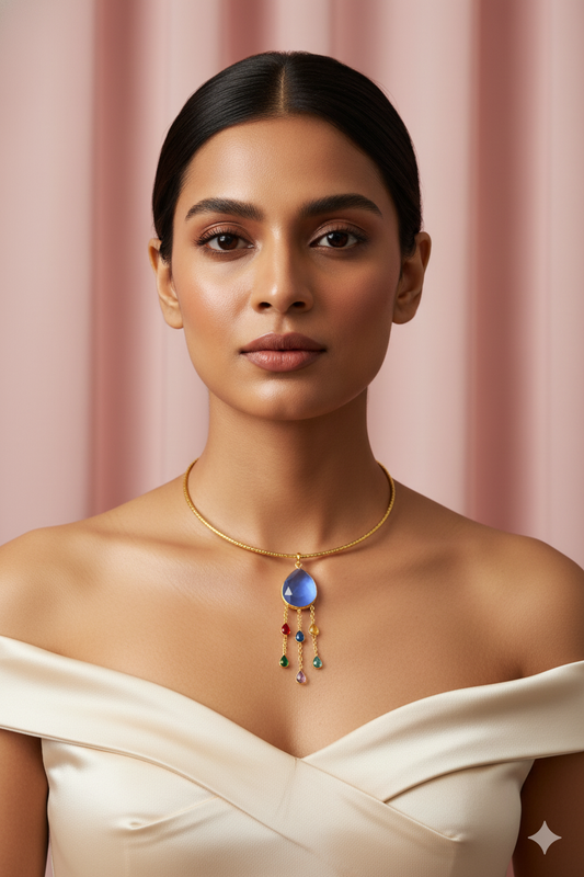 Hansuli Necklace with Blue Pendant & Raindrop Dangles | Brass Anti Tarnish | Lightweight