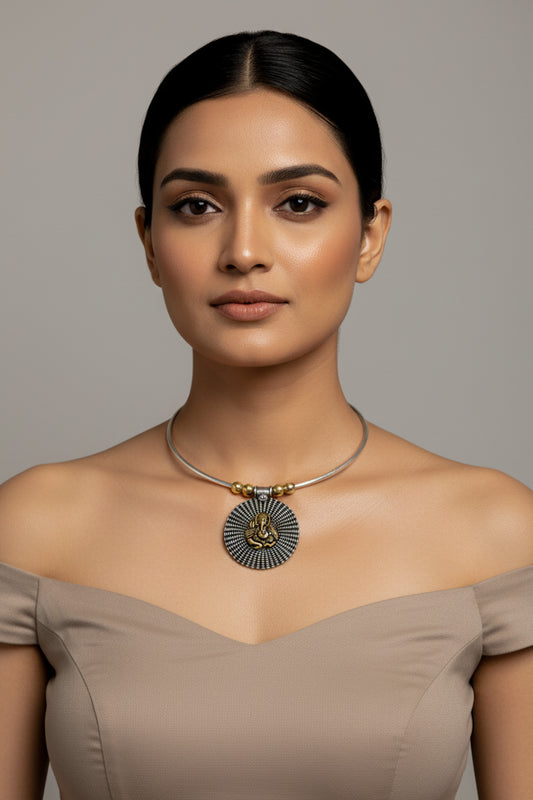 Dual Tone German Silver Hasli/Hansli Necklace – Ganesha medallion pendant Oxidised Hansuli Choker for Women