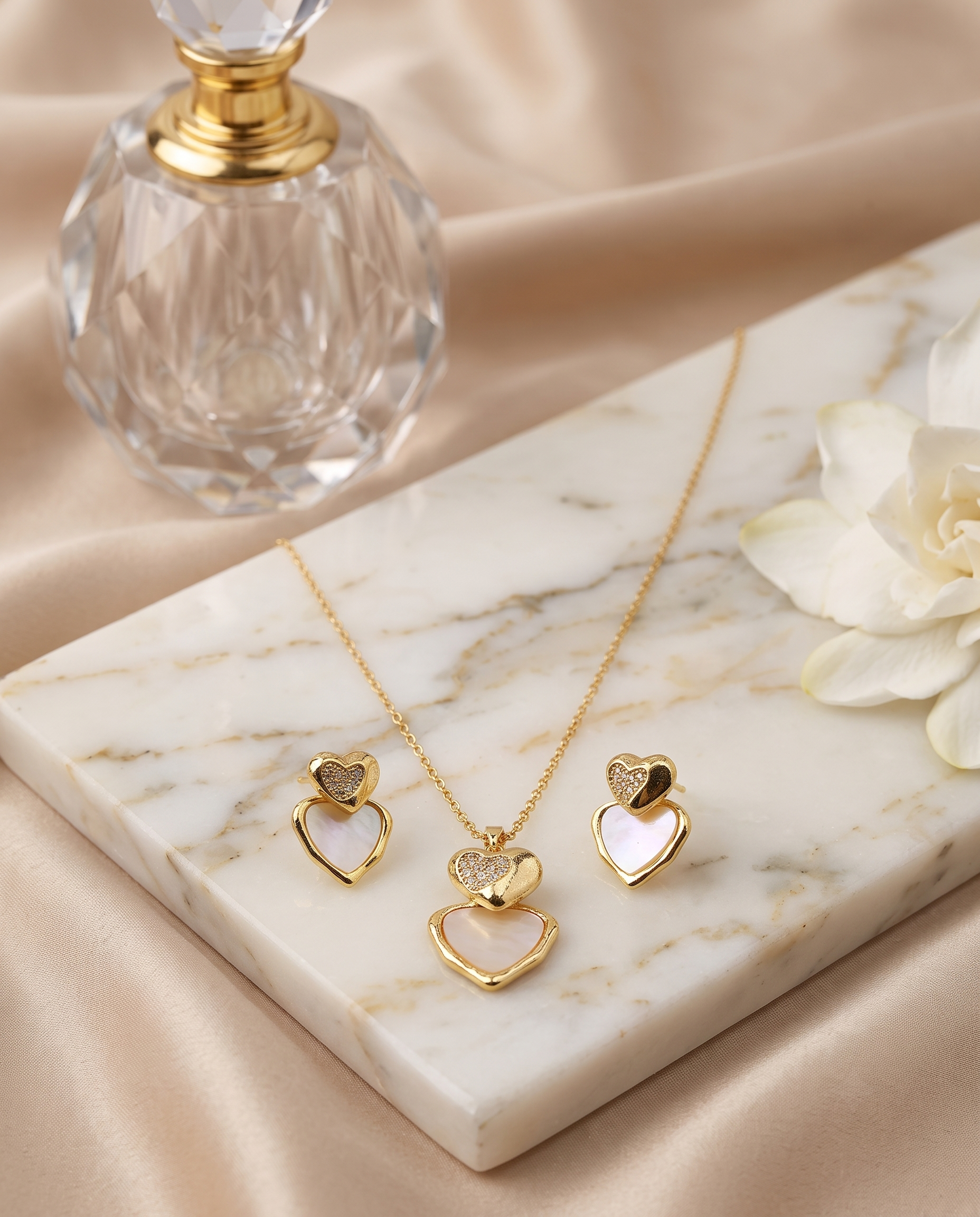 Heart pendant necklace and matching heart stud earrings set, 18K gold plated – worn styled shot