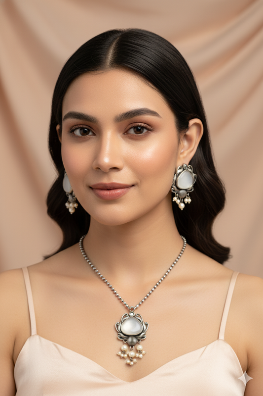 White Monalisa Lotus Pendant Set with Pearl Drops | Oxidised German Silver