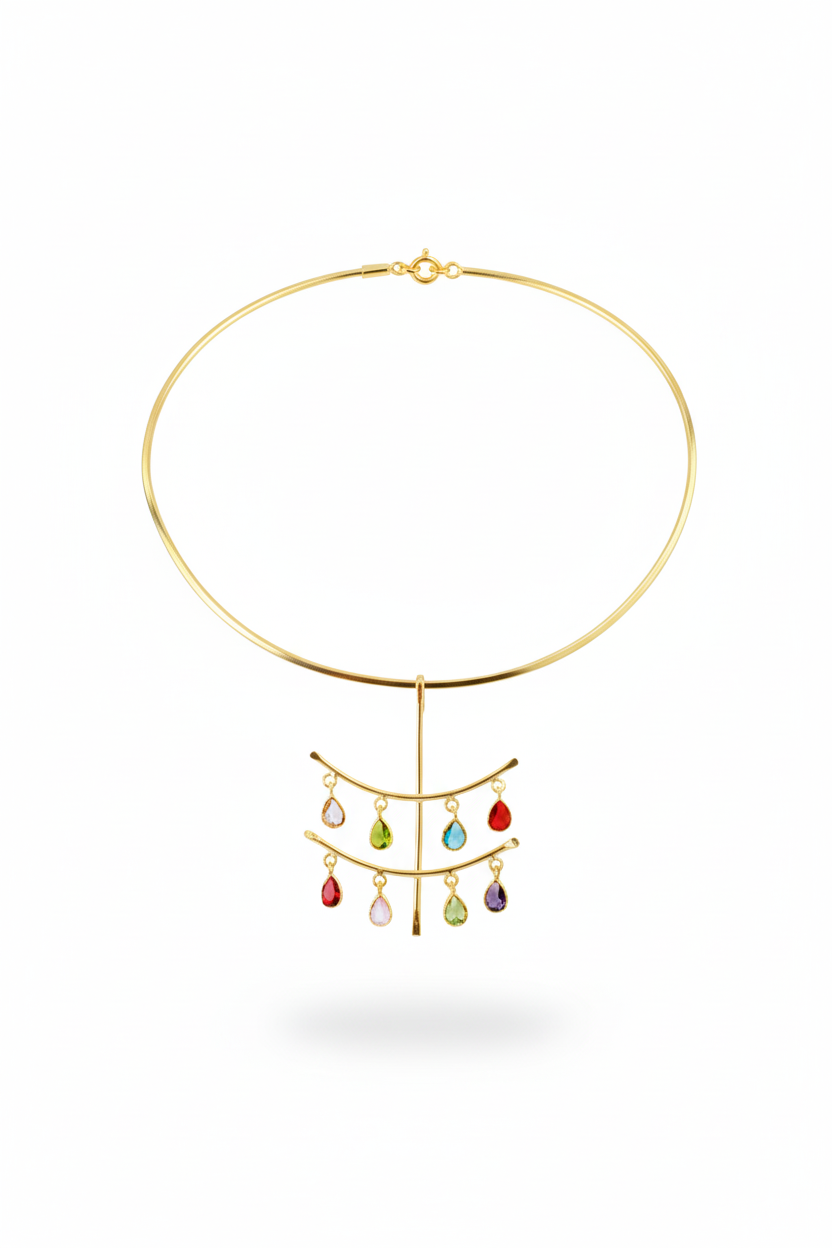 Hansuli Necklace with Cascade Teardrop Charms – Multicolor Stones | Brass Anti Tarnish | Lightweight