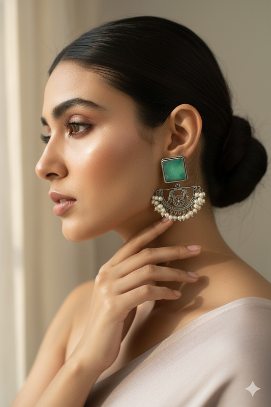 Green Monalisa Stone Half-Moon Oxidised German Silver Earrings with Pearl Tassels