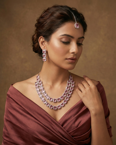 Blush Pink Long Cushion Cut Necklace Set | Luxury Layered Party Jewellery