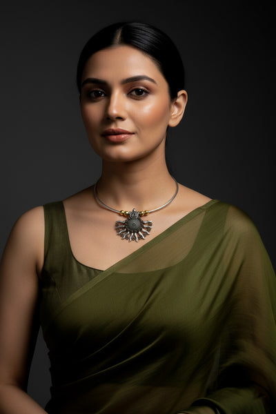 Dual Tone German Silver Hasli/Hansli Necklace – Sunburst fan pendant Oxidised Hansuli Choker for Women