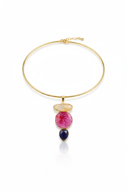 Hansuli Necklace with Triple Stone Pendant – Pink Yellow Navy | Brass Anti Tarnish | Lightweight
