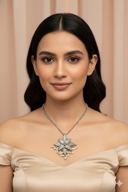 Oxidised Floral Star Pendant with Pearl Tassels | German Silver