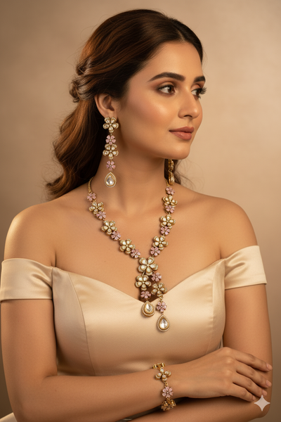 Floral Temple Necklace Set with Kundan & Teardrop Charms